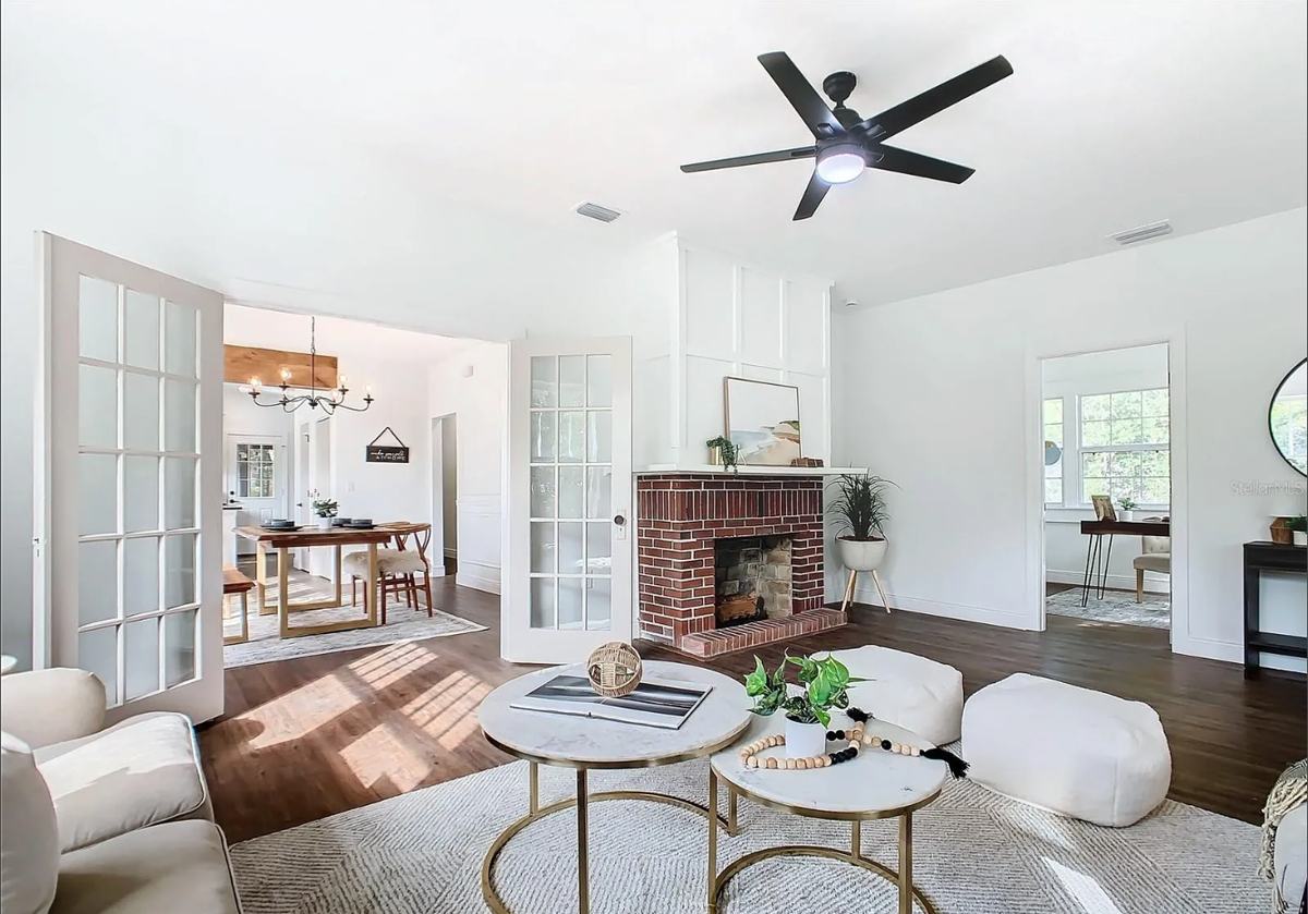 Refinished floors, restored fireplace