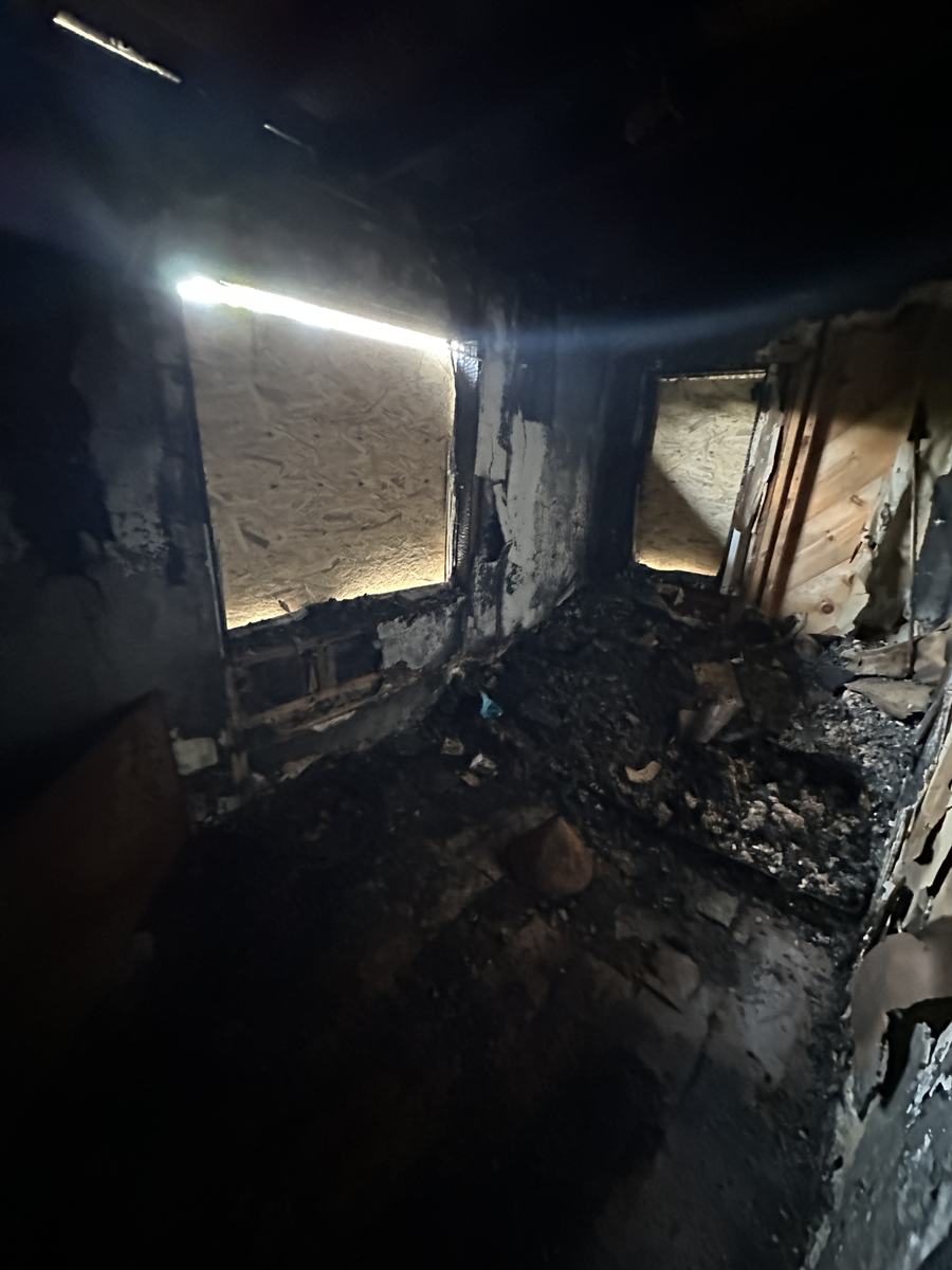 A room burned through to the framing