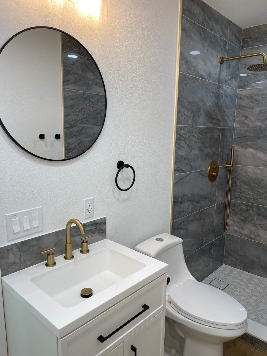 Tiled walk-in shower, new vanity