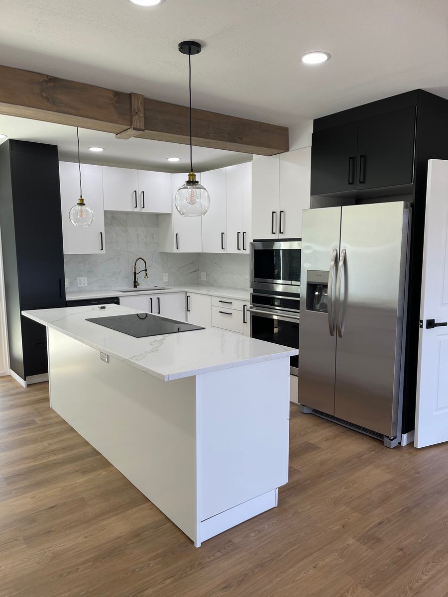 Quartz island, new cabinets, beam